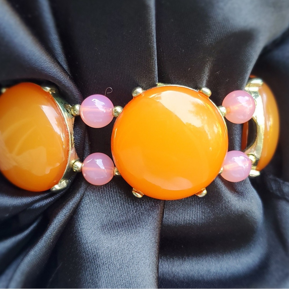 Vintage Orange Cabochon Pink Bead Gold Tone Stretch Bracelet Mid Century Modern